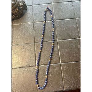 Lapis Lazuli & Gold Beaded Necklace 32" Hand-Knotted Blue Jewelry